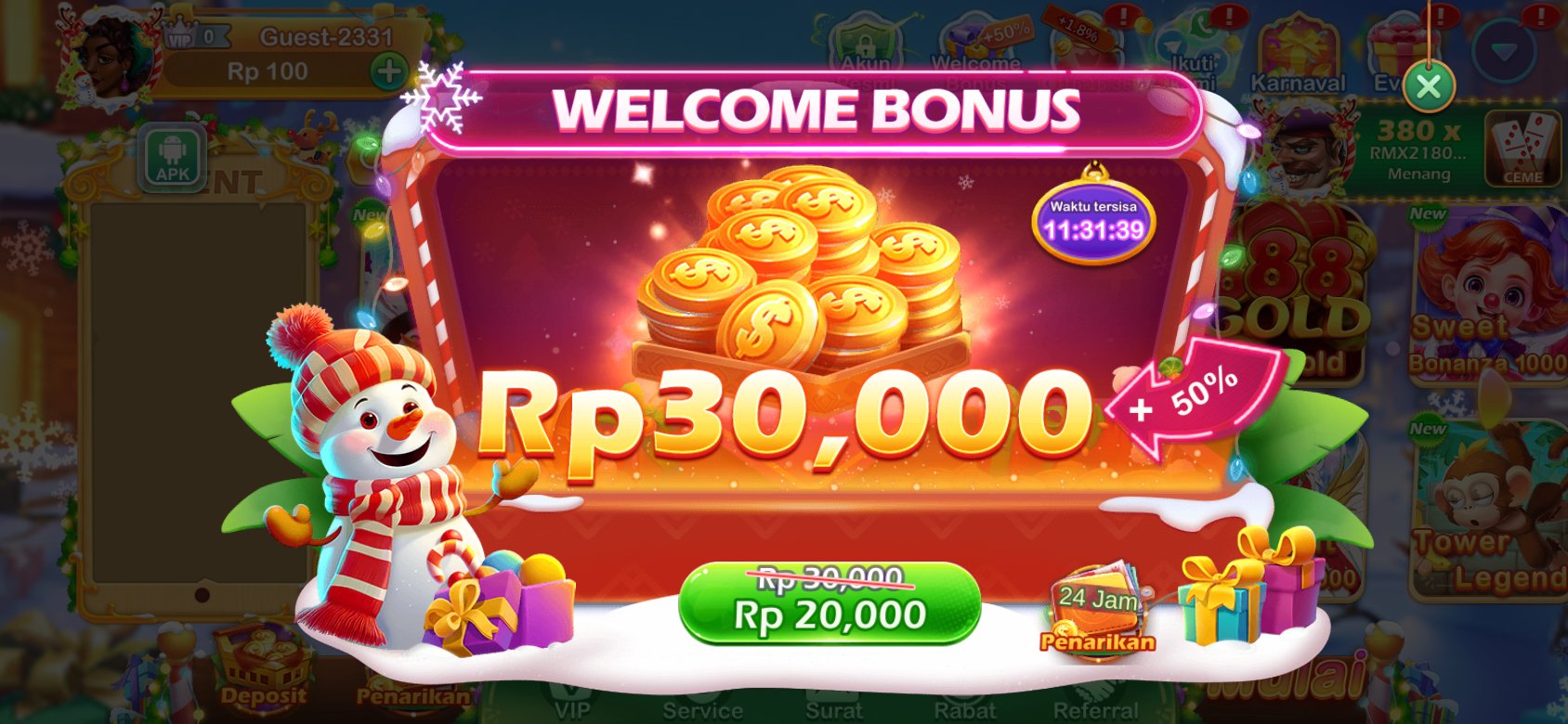 Tangkapan layar aplikasi Slots idr yang menampilkan halaman promosi bonus yang menawarkan WELCOME BONUS.