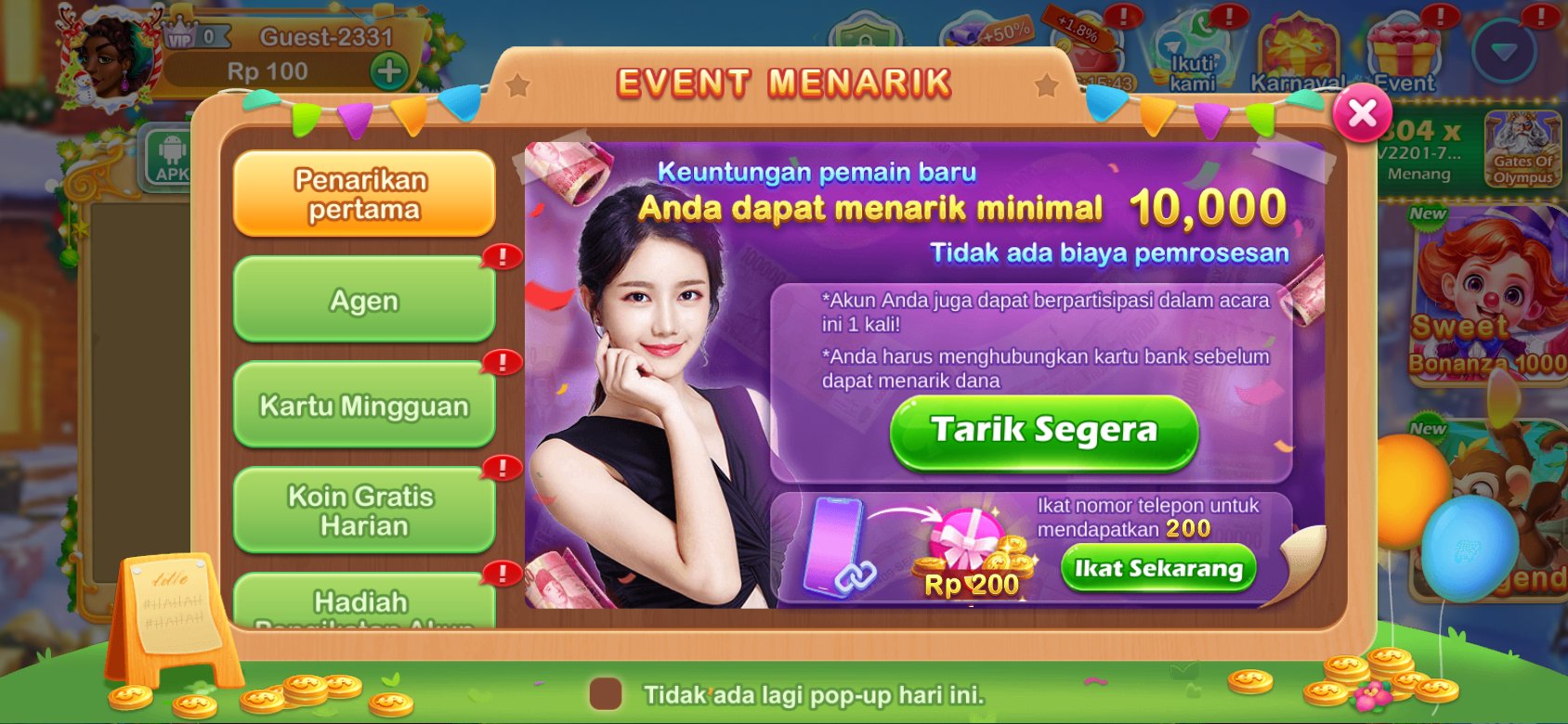 Tangkapan layar aplikasi Slots idr yang menampilkan halaman penarikan dana dengan informasi tentang keuntungan untuk pemain baru.